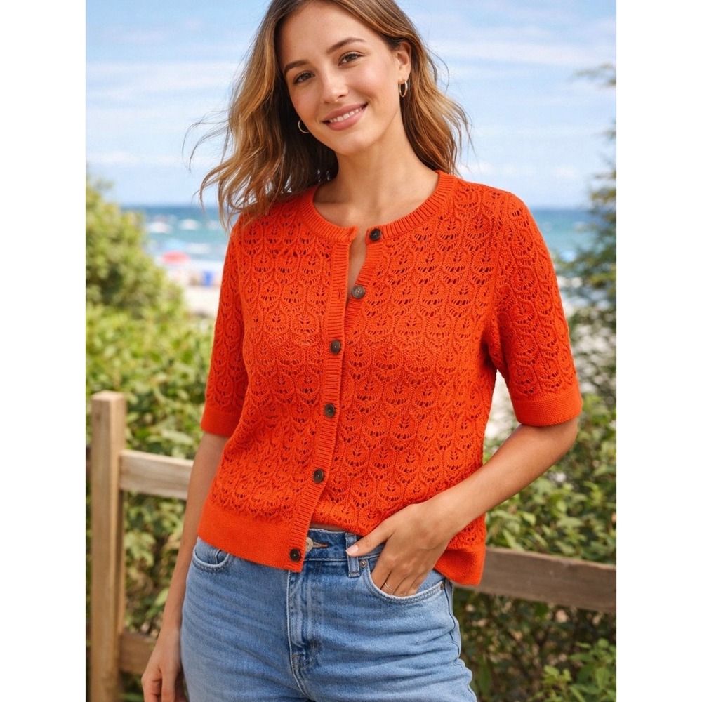 Boden Cardigan Orange Pointelle Eyelet Knit S Short Sleeve Cotton Crew Neck